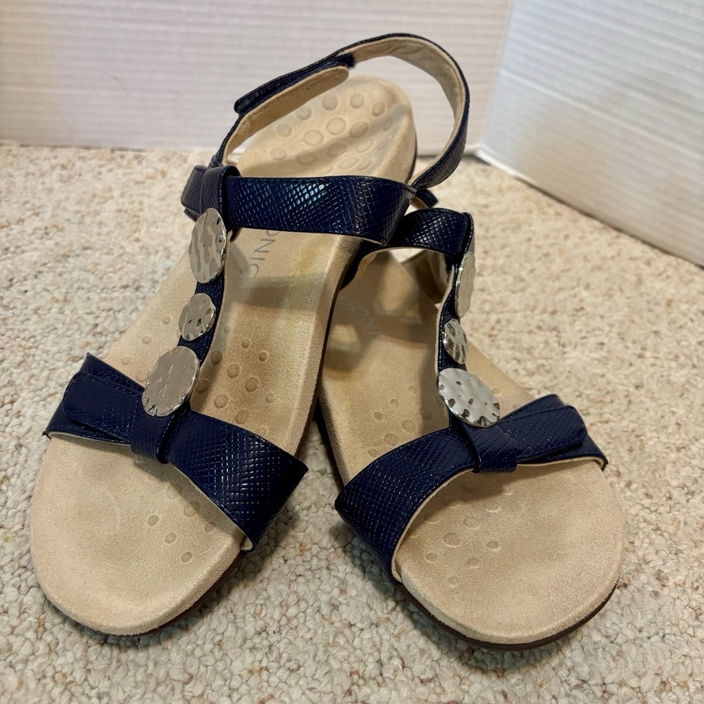 Vionic Farra Women Navy Lizard Print T Strap Sandals Size 9.5 Hammered Disc